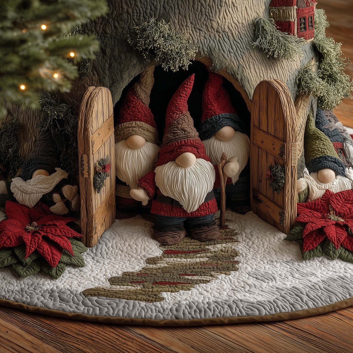 Gnomes at the Open Barn Door Christmas Tree Skirt - Made to Order TREEK101