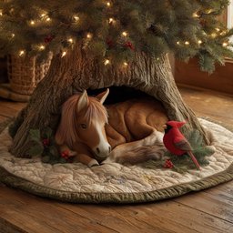 Sleeping Horse with a Cardinal Christmas Tree Skirt - Made to Order TREEK101
