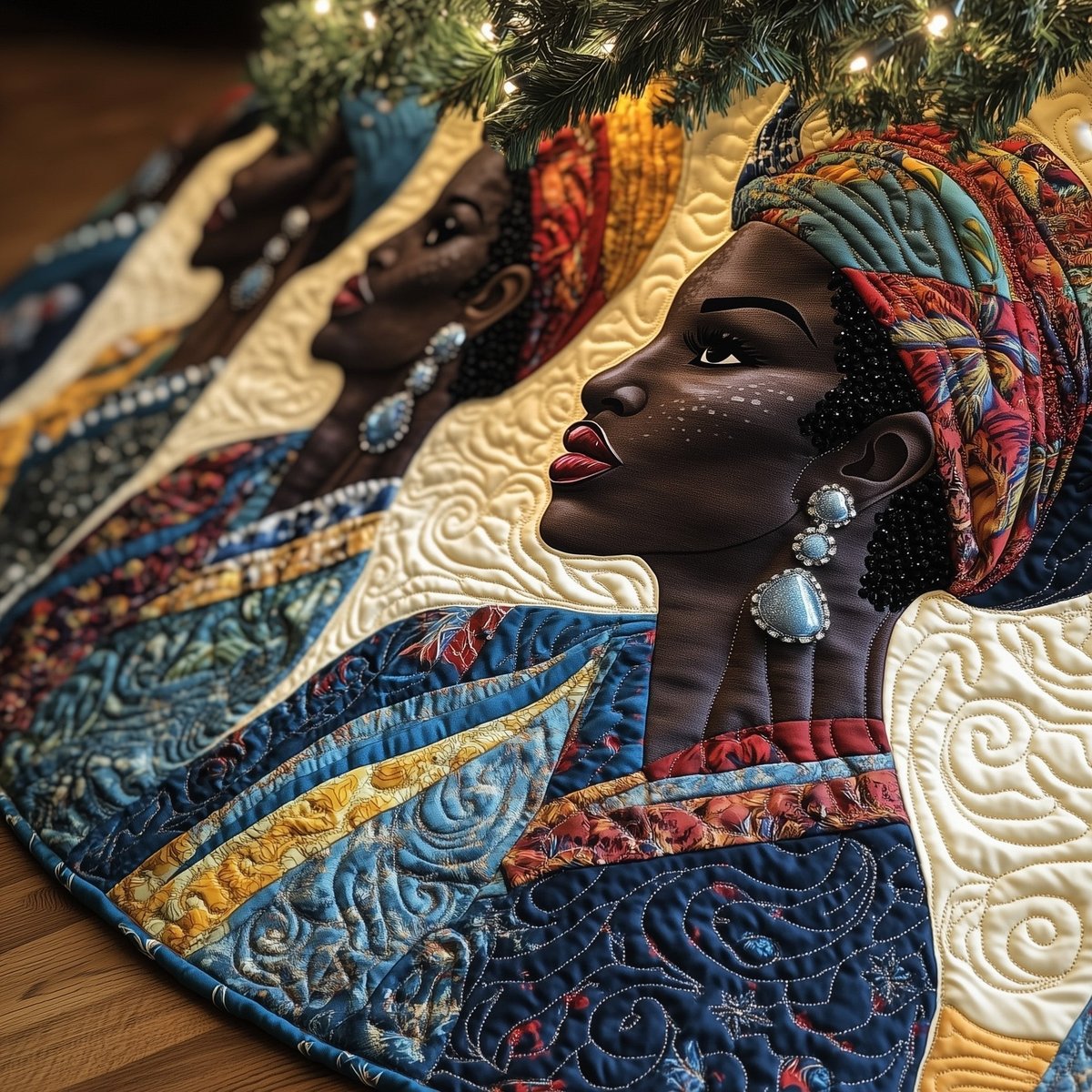 African Woman in Blue Headwrap Christmas Tree Skirt - Made to Order TREEK101