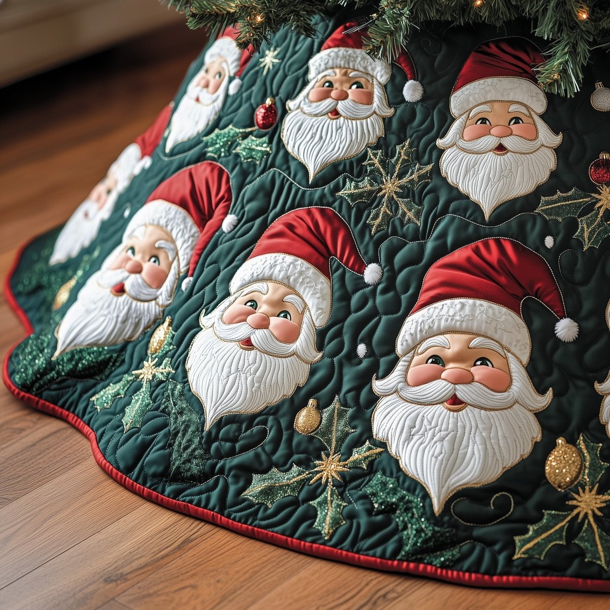 Santa Faces on Green Quilt Christmas Tree Skirt - Made to Order TREEK101