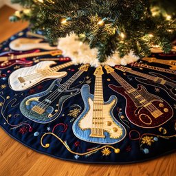 Blue Guitars on Navy Circle Christmas Tree Skirt - Made to Order TREEK101