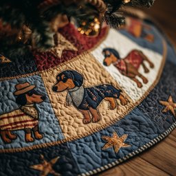 Folk Dachshunds on Denim Star Quilt Christmas Tree Skirt - Made to Order TREEK101