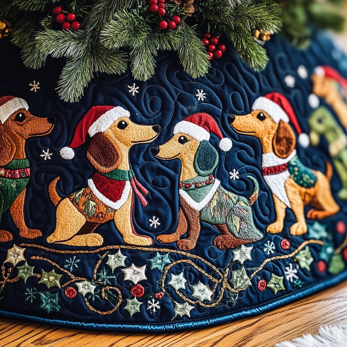 Dachshunds in Santa Hats Starry Navy Christmas Tree Skirt - Made to Order TREEK101