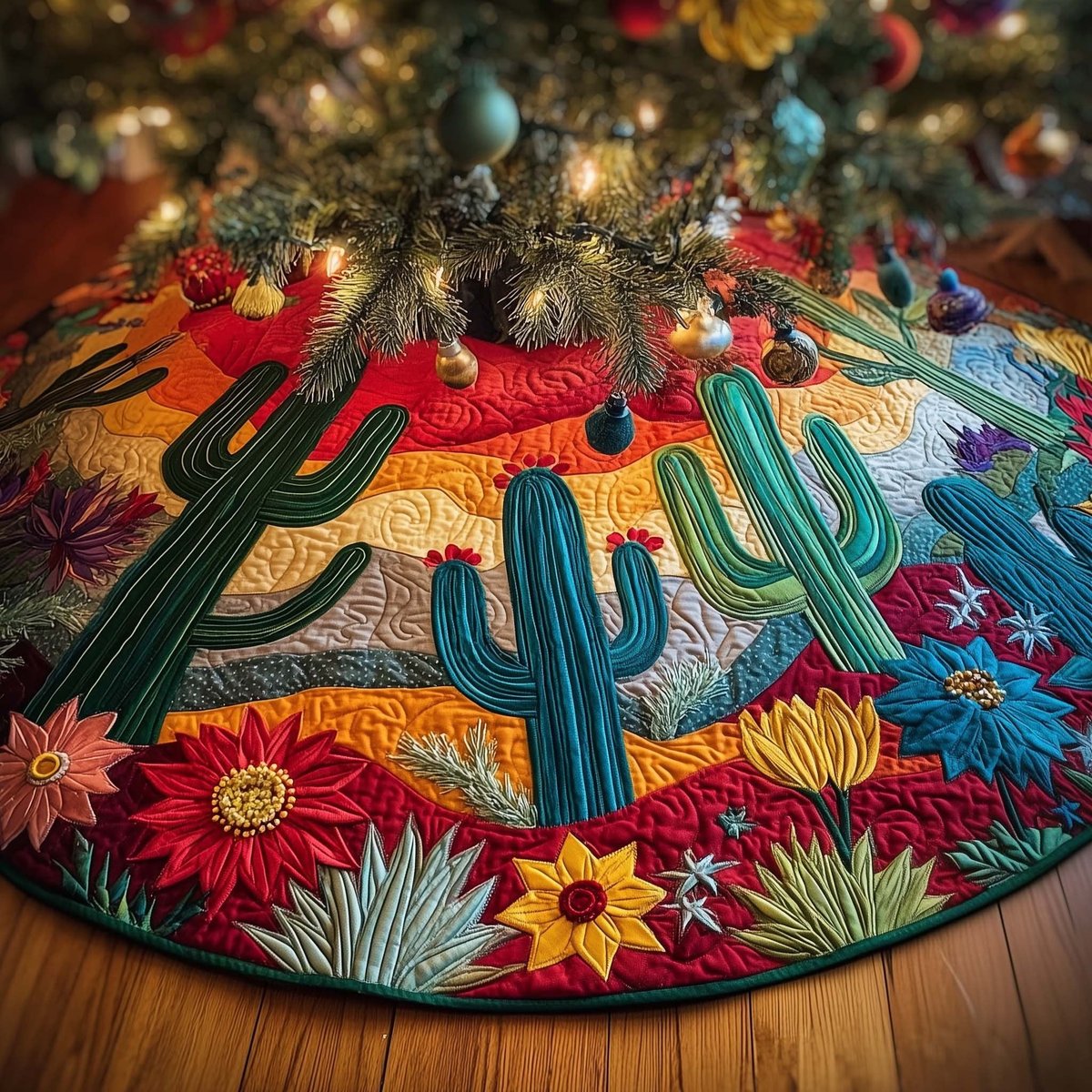 Desert Cacti at Colorful Sunset Christmas Tree Skirt - Made to Order TREEK101