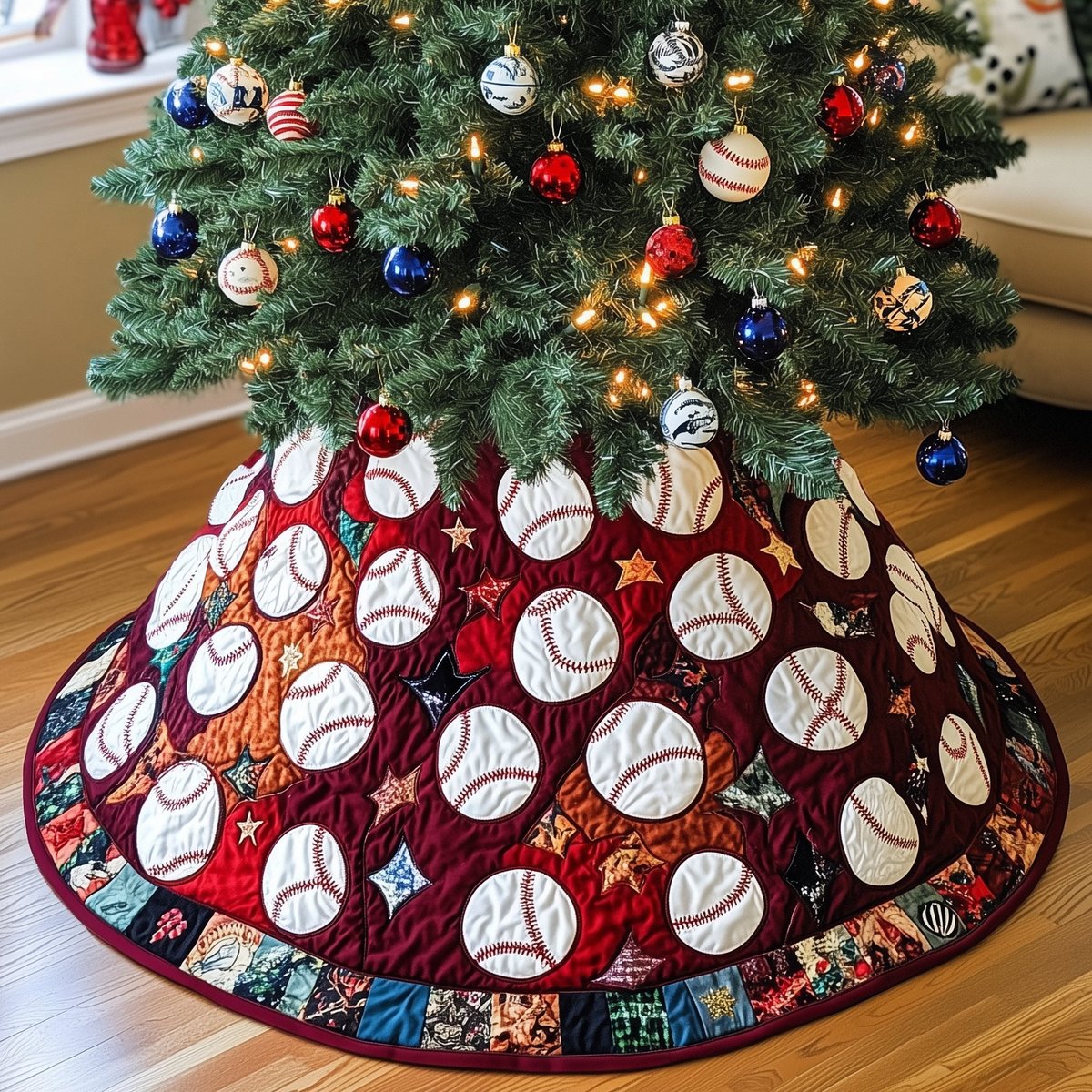 Baseballs and Stars on Red Christmas Tree Skirt - Made to Order TREEK101