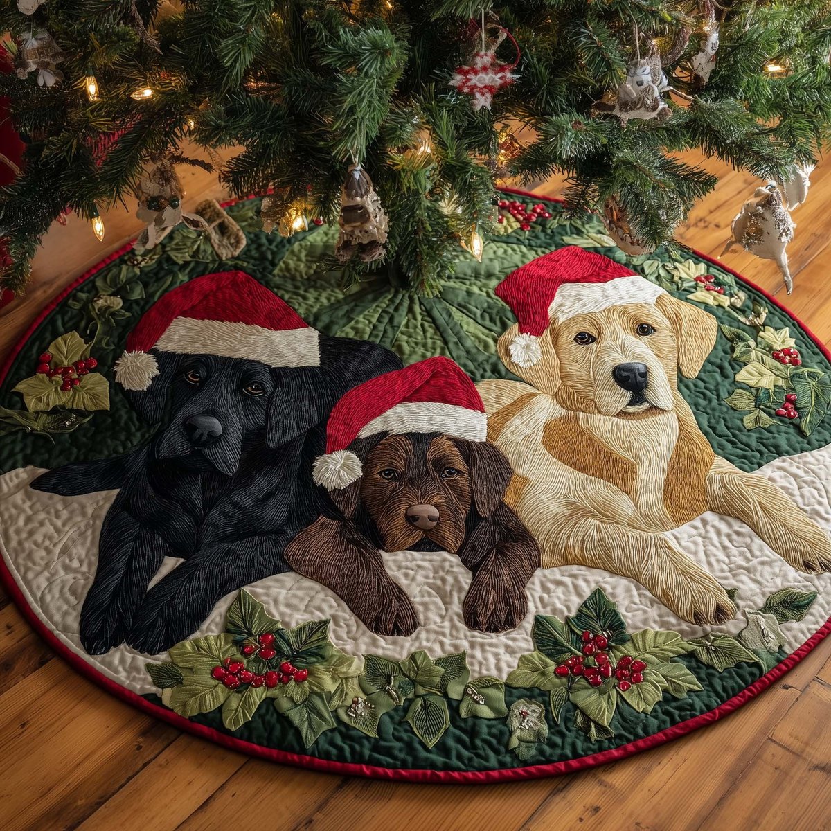 Three Labradors in Santa Hats Christmas Tree Skirt - Made to Order TREEK101