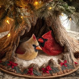 Cardinal Pair in the Tree Hollow Christmas Tree Skirt - Made to Order TREEK101