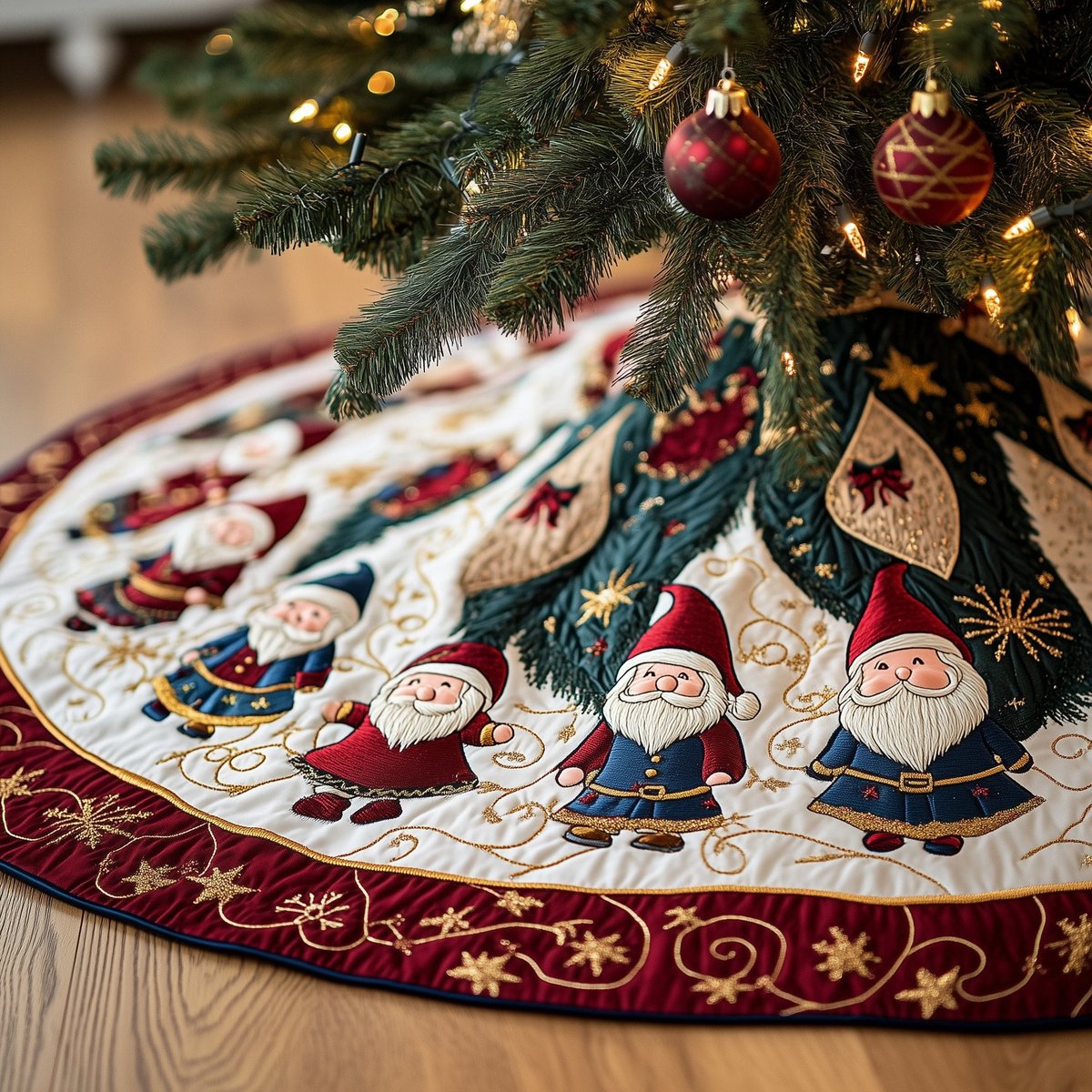 Gnomes in Red and Blue Hats Christmas Tree Skirt - Made to Order TREEK101