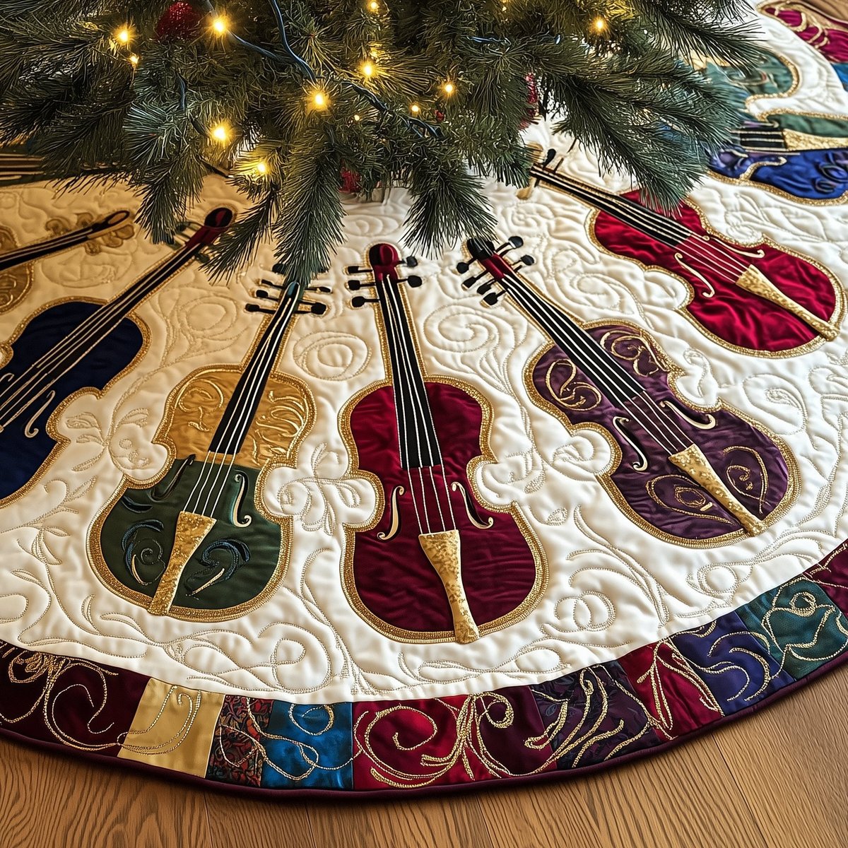 Jewel Toned Cellos on White Christmas Tree Skirt - Made to Order TREEK101