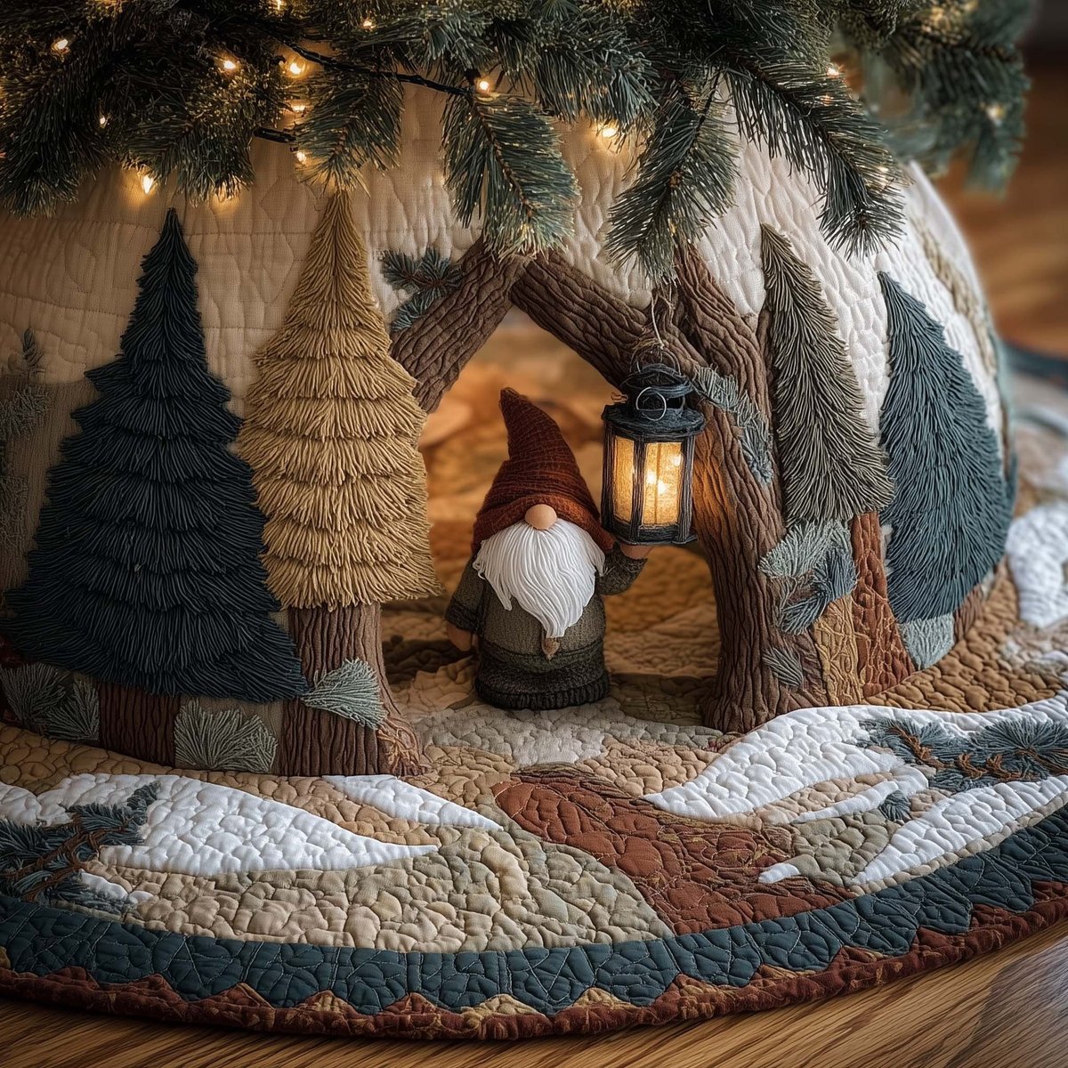 Gnome with Lantern in Snowy Forest Christmas Tree Skirt - Made to Order TREEK101