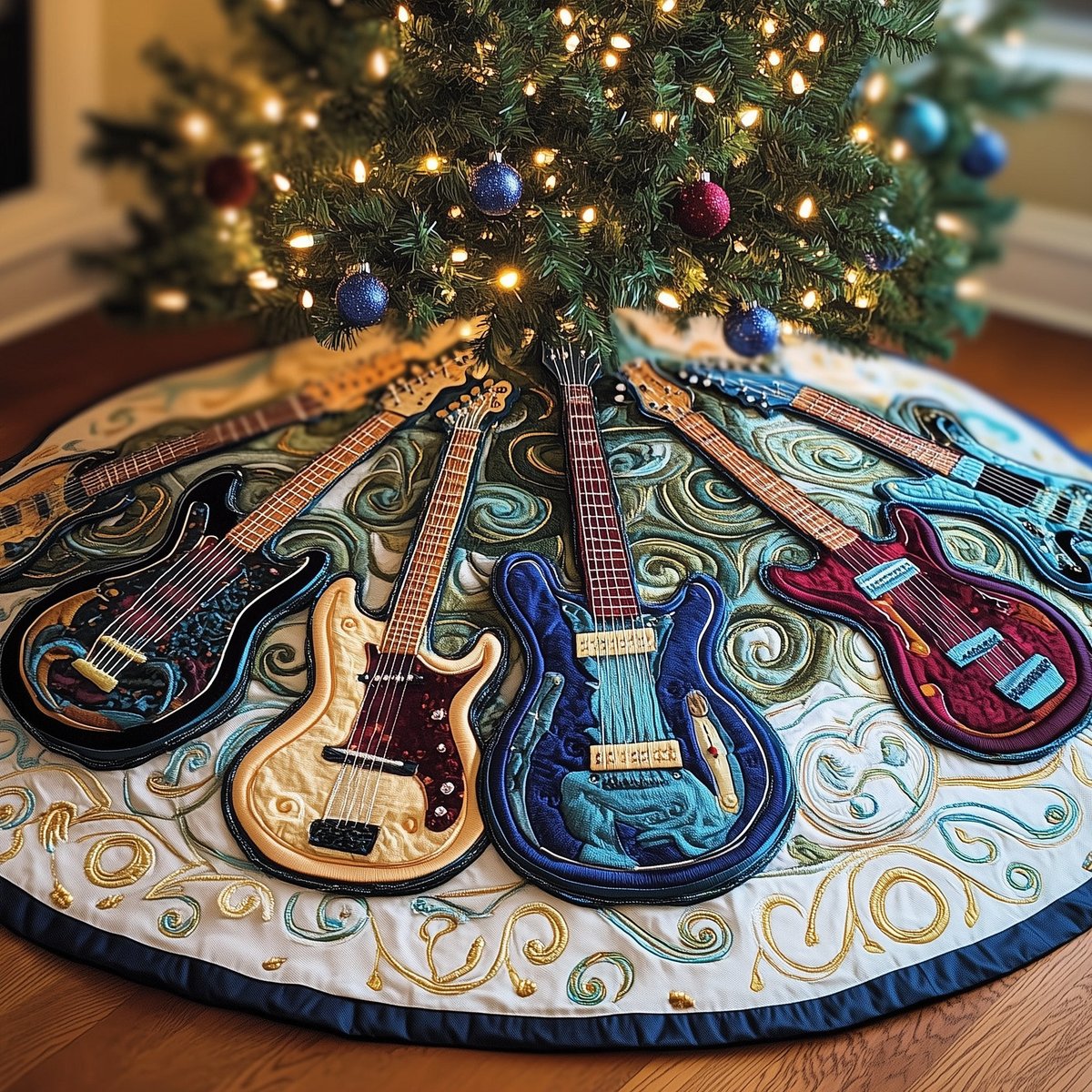 Guitars on the Blue Swirl Ground Christmas Tree Skirt - Made to Order TREEK101