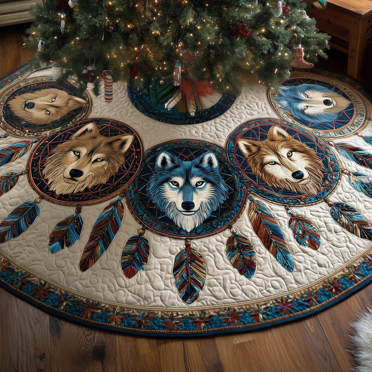 Wolf Dreamcatchers with Hanging Feathers Christmas Tree Skirt - Made to Order TREEK101