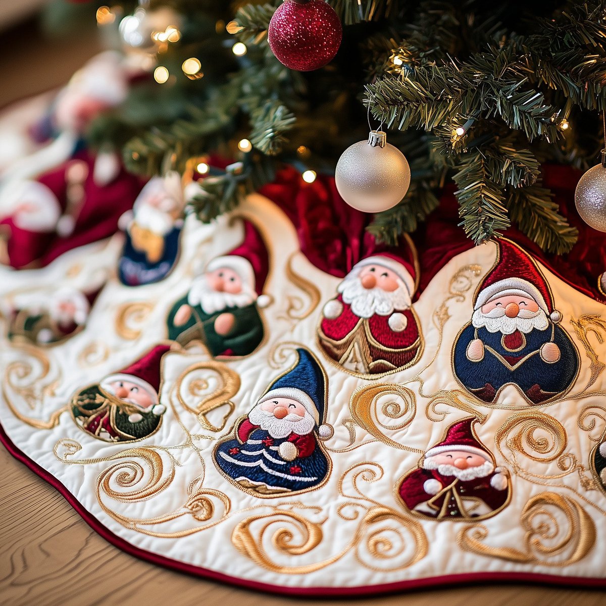 Gnomes with Ivory Swirl Quilting Christmas Tree Skirt - Made to Order TREEK101