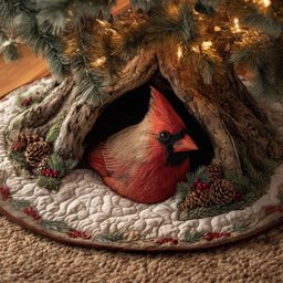 Cardinal Perched in a Tree Hollow Christmas Tree Skirt - Made to Order TREEK101