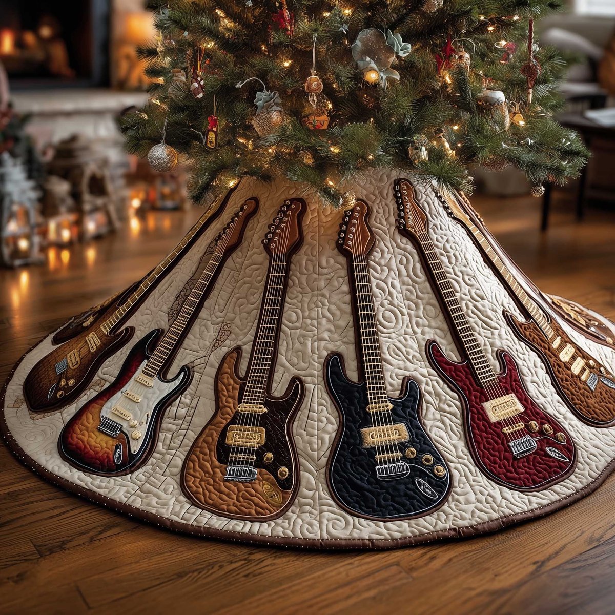 Guitars on Warm Cream Quilt Christmas Tree Skirt - Made to Order TREEK101