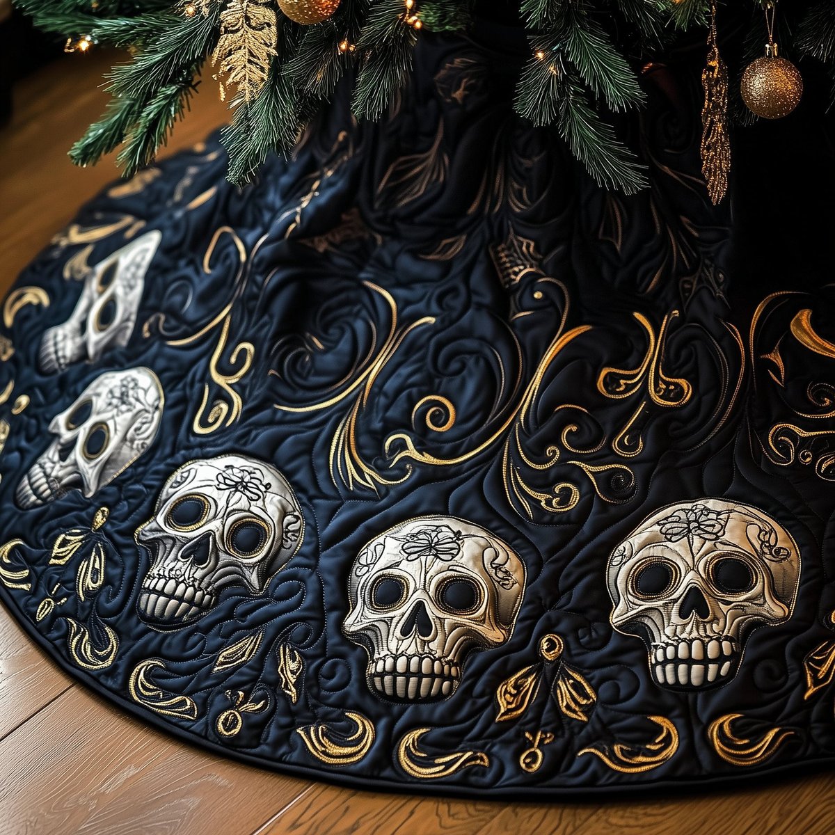 Skulls on Black with Gold Swirls Christmas Tree Skirt - Made to Order TREEK101