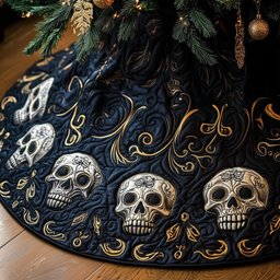 Skulls on Black with Gold Swirls Christmas Tree Skirt - Made to Order TREEK101