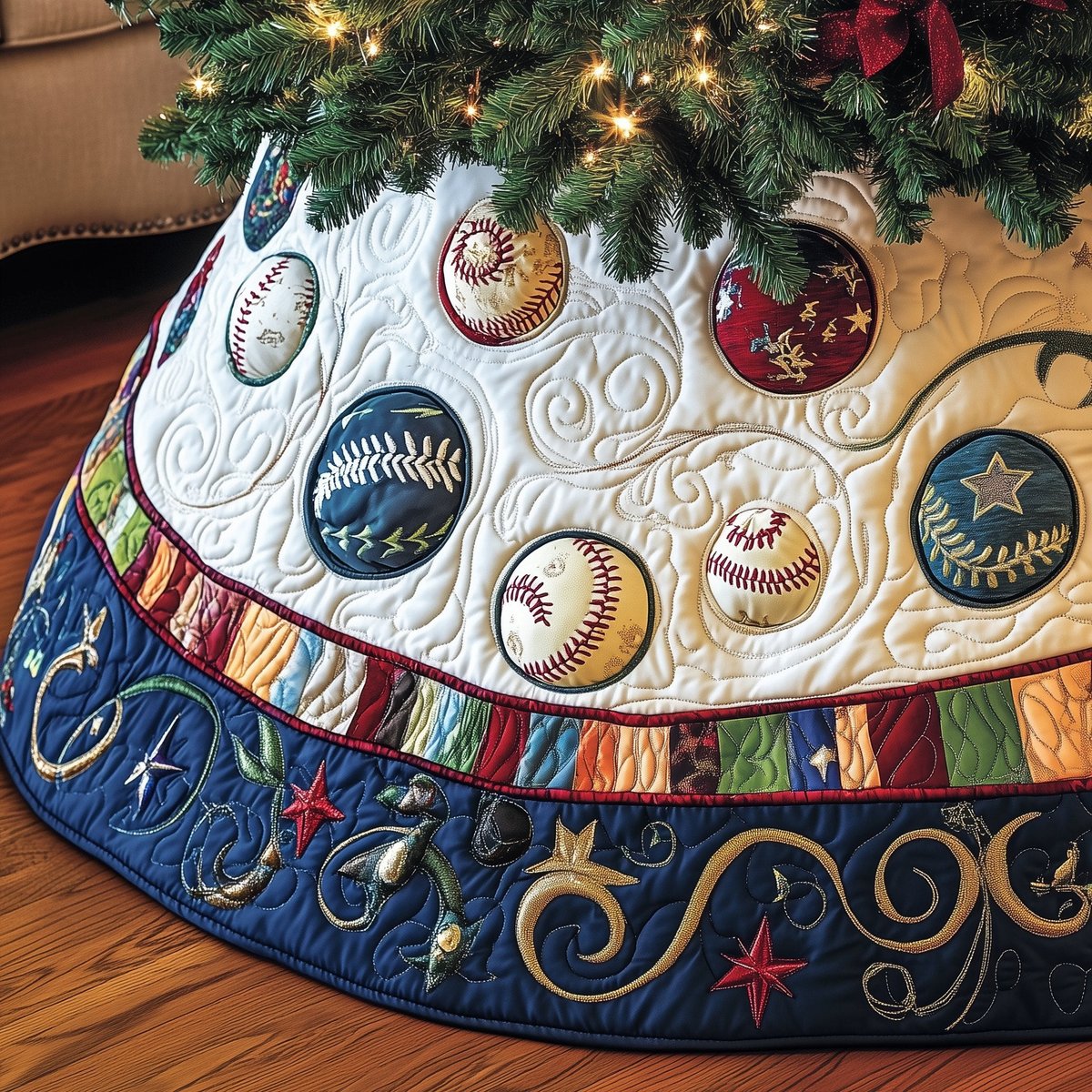 Baseballs on Cream with Navy Border Christmas Tree Skirt - Made to Order TREEK101