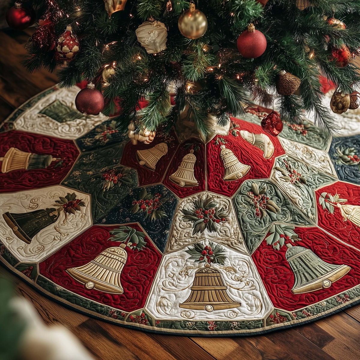 Bells on Red and Green Hexagons Christmas Tree Skirt - Made to Order TREEK101