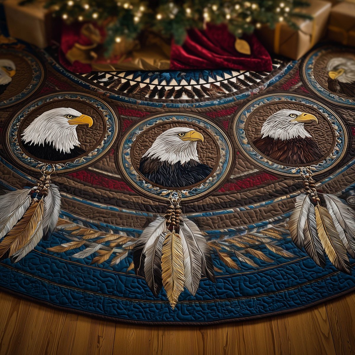 Bald Eagles in Feathered Medallions Christmas Tree Skirt - Made to Order TREEK101