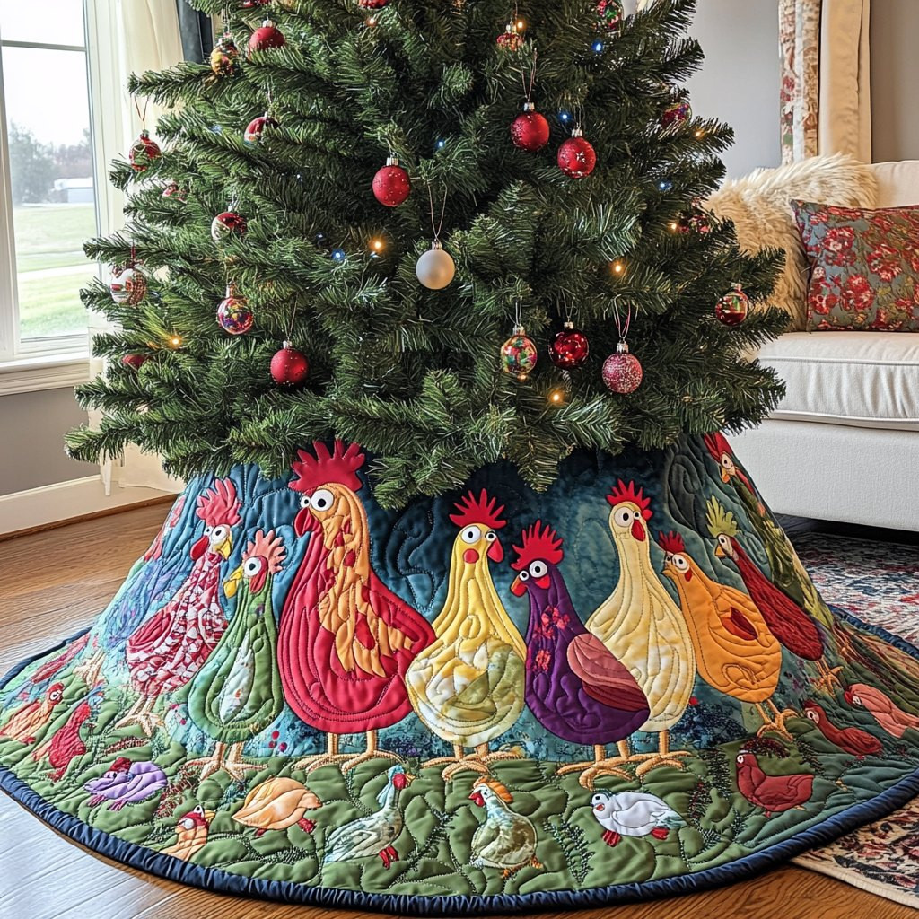 Colorful Chickens on Blue Christmas Tree Skirt - Made to Order TREEK101