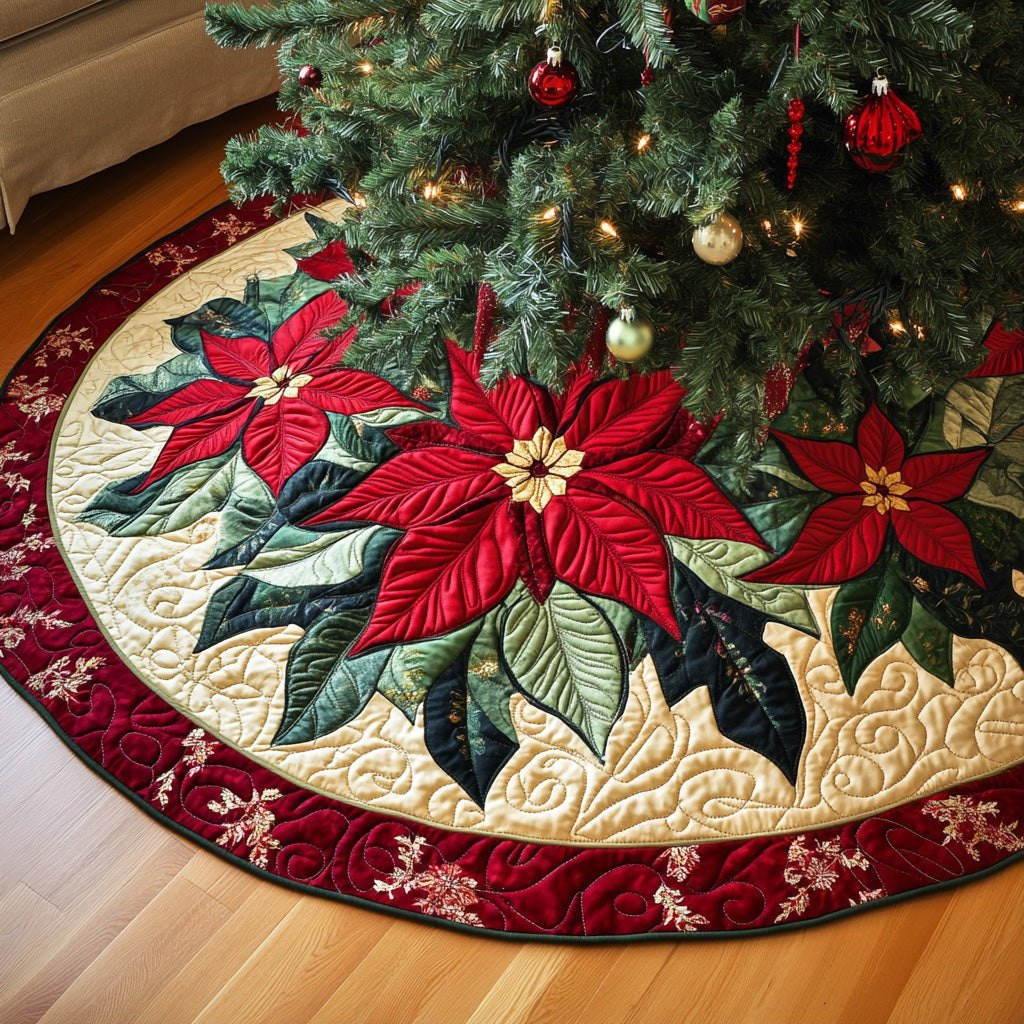 Poinsettias with Red Border Christmas Tree Skirt - Made to Order TREEK101