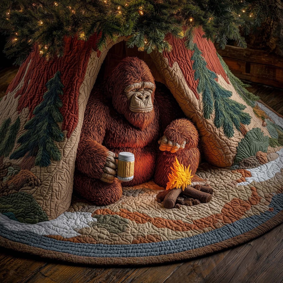 Bigfoot with a Mug by the Campfire Christmas Tree Skirt - Made to Order TREEK101