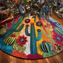 Bright Cacti with Red Blossoms Christmas Tree Skirt - Made to Order TREEK101