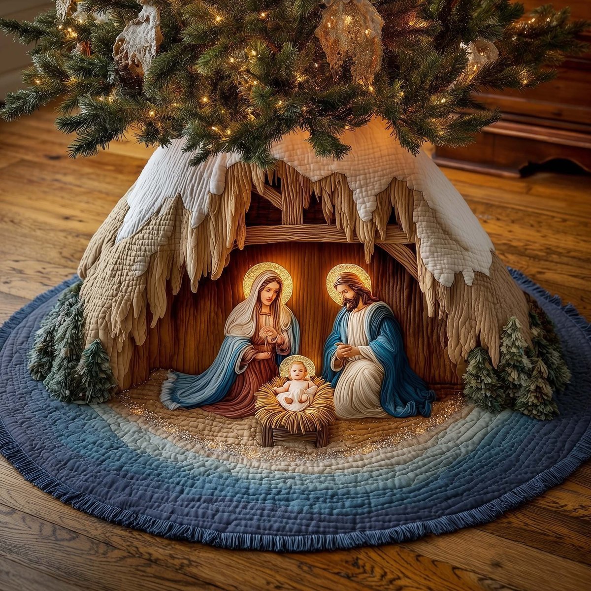 Holy Family with Glowing Halos Christmas Tree Skirt - Made to Order TREEK101