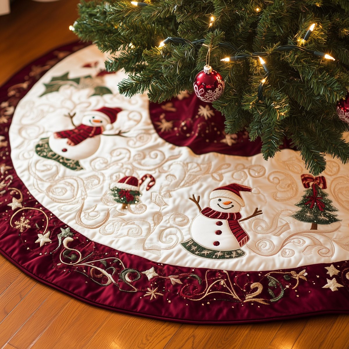 Snowman on Cream with Red Border Christmas Tree Skirt - Made to Order TREEK101