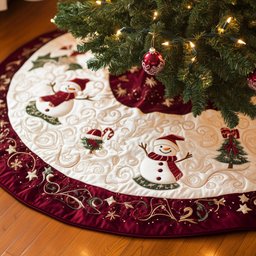 Snowman on Cream with Red Border Christmas Tree Skirt - Made to Order TREEK101