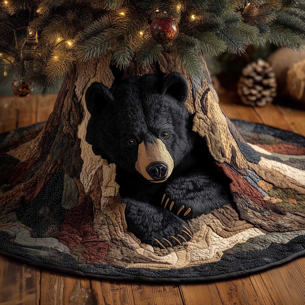 Black Bear Resting in the Den Christmas Tree Skirt - Made to Order TREEK101