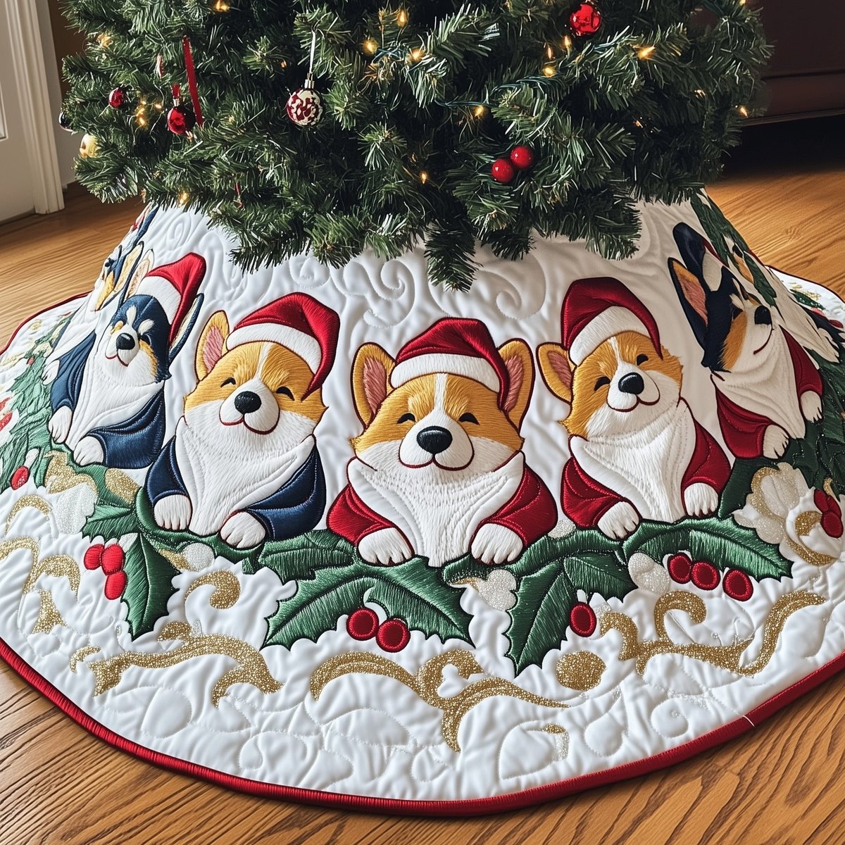 Corgis with Holly on White Christmas Tree Skirt - Made to Order TREEK101