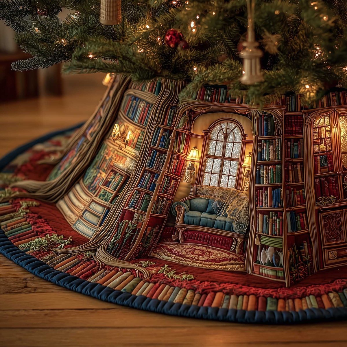 Cozy Library Room with Bookshelves Christmas Tree Skirt - Made to Order TREEK101