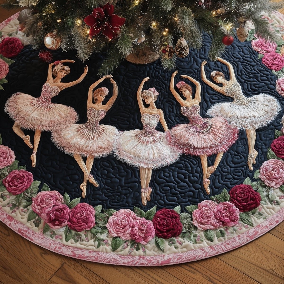 Ballerinas on Black with Pink Roses Christmas Tree Skirt - Made to Order TREEK101