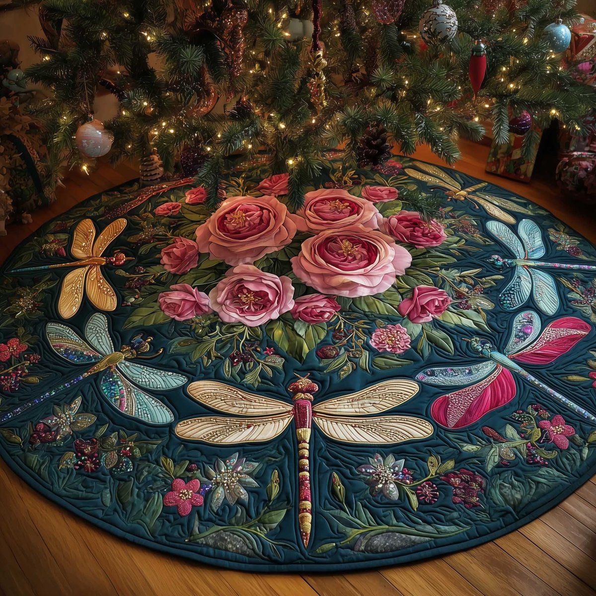 Dragonflies and Roses on Teal Christmas Tree Skirt - Made to Order TREEK101