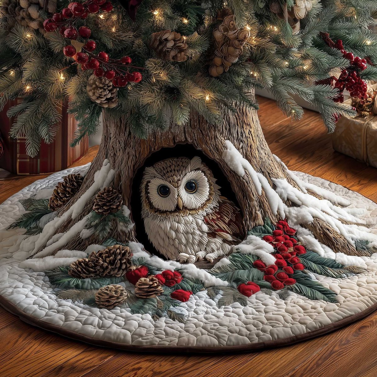 Owl in the Hollow with Pinecones Christmas Tree Skirt - Made to Order TREEK101