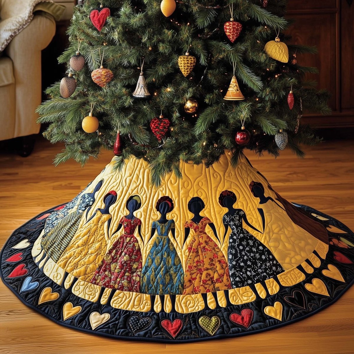 Women in Patterned Dresses Gold Christmas Tree Skirt - Made to Order TREEK101