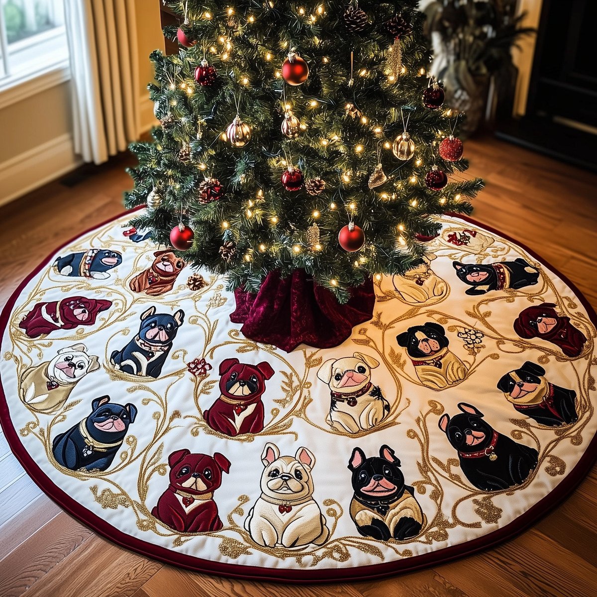 Bulldog Faces on Gold Vines Christmas Tree Skirt - Made to Order TREEK101