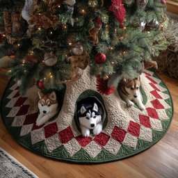 Husky in the Red Checkerboard Tunnel Christmas Tree Skirt - Made to Order TREEK101