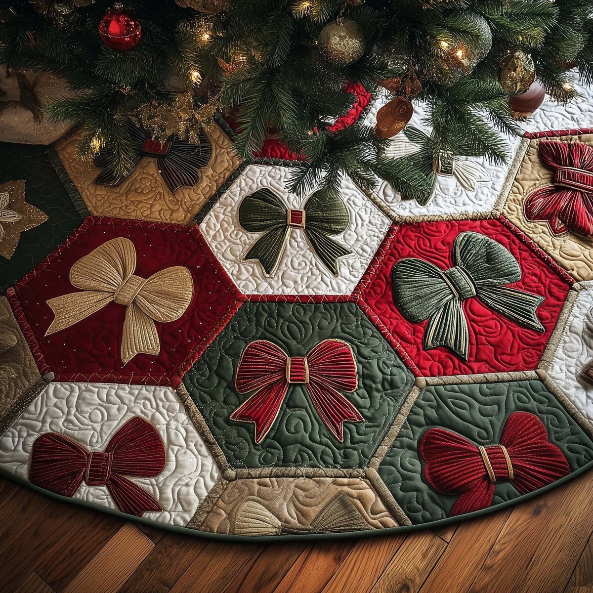 Ribbon Bows on Hexagon Blocks Christmas Tree Skirt - Made to Order TREEK101