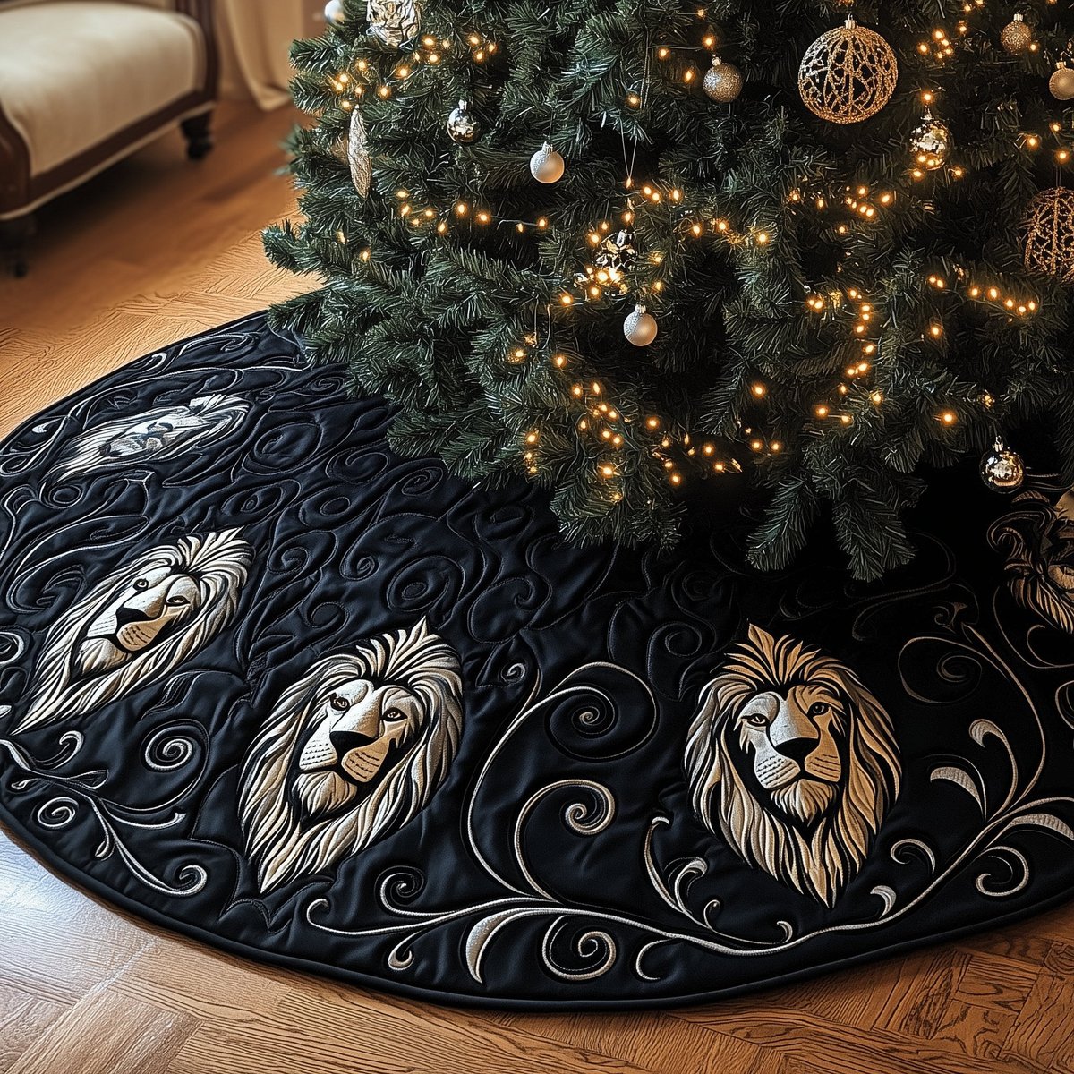 Gold Lions on Black with Swirls Christmas Tree Skirt - Made to Order TREEK101