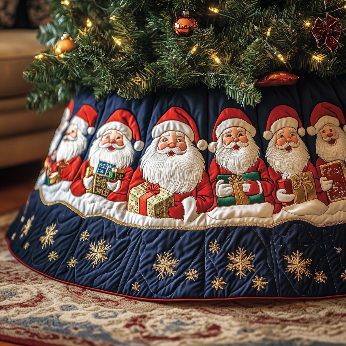 Santas with Gifts on Navy Stars Christmas Tree Skirt - Made to Order TREEK101