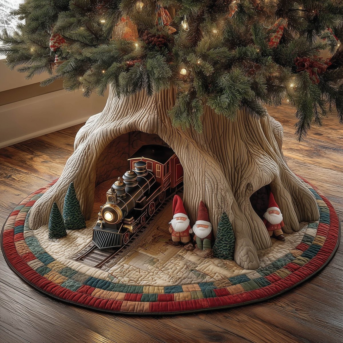 Train and Gnomes in the Tunnel Christmas Tree Skirt - Made to Order TREEK101