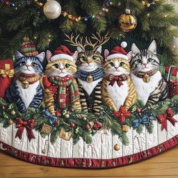 Cats in Scarves with Garland Christmas Tree Skirt - Made to Order TREEK101