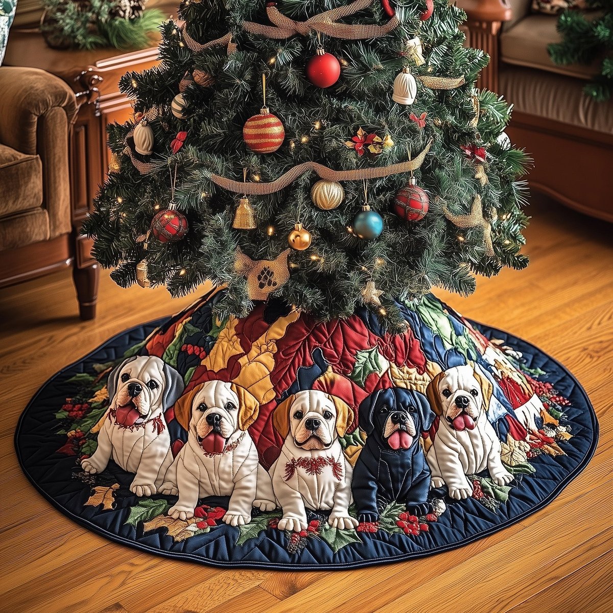 Boxer Family on Color Block Quilt Christmas Tree Skirt - Made to Order TREEK101