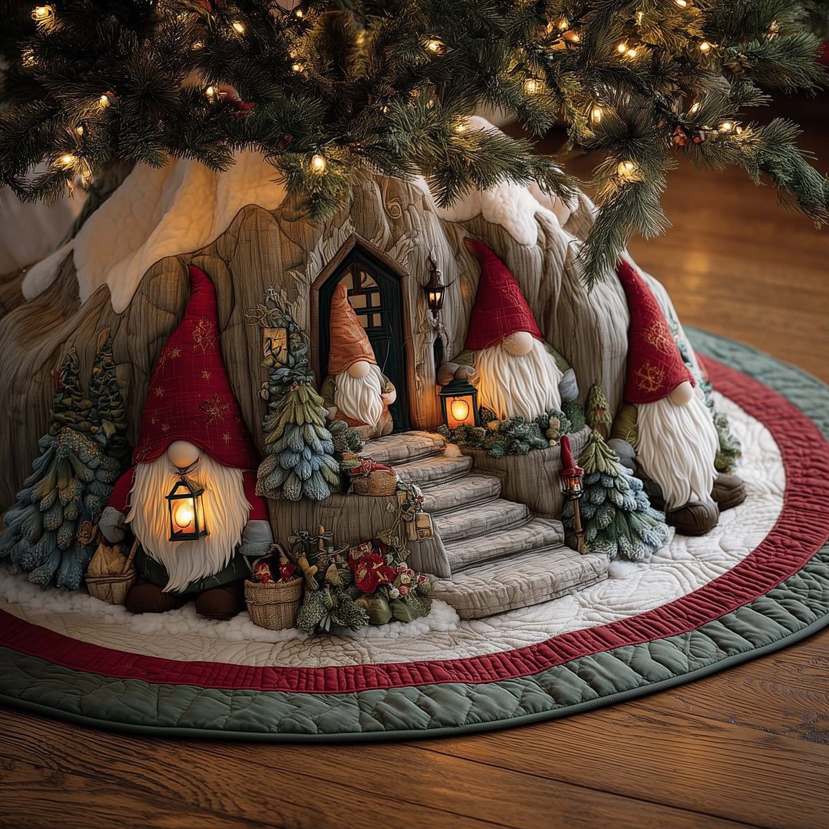 Gnomes at the Snow Covered Cottage Christmas Tree Skirt - Made to Order TREEK101