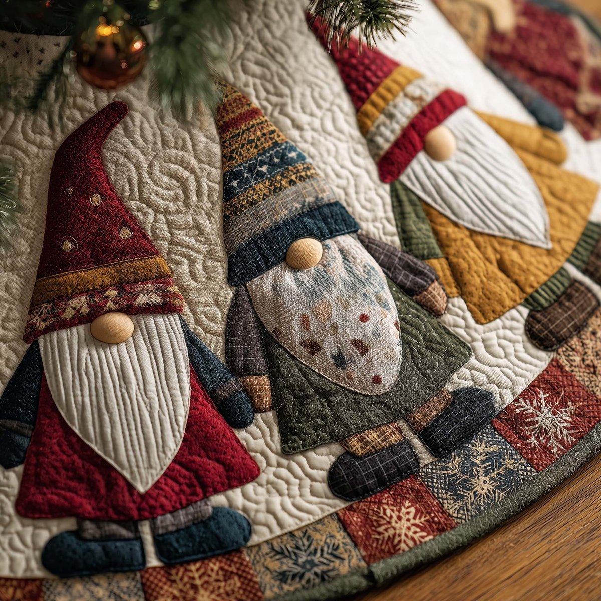 Gnomes in Mustard and Red Patchwork Robes Christmas Tree Skirt - Made to Order TREEK101