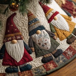 Gnomes in Mustard and Red Patchwork Robes Christmas Tree Skirt - Made to Order TREEK101