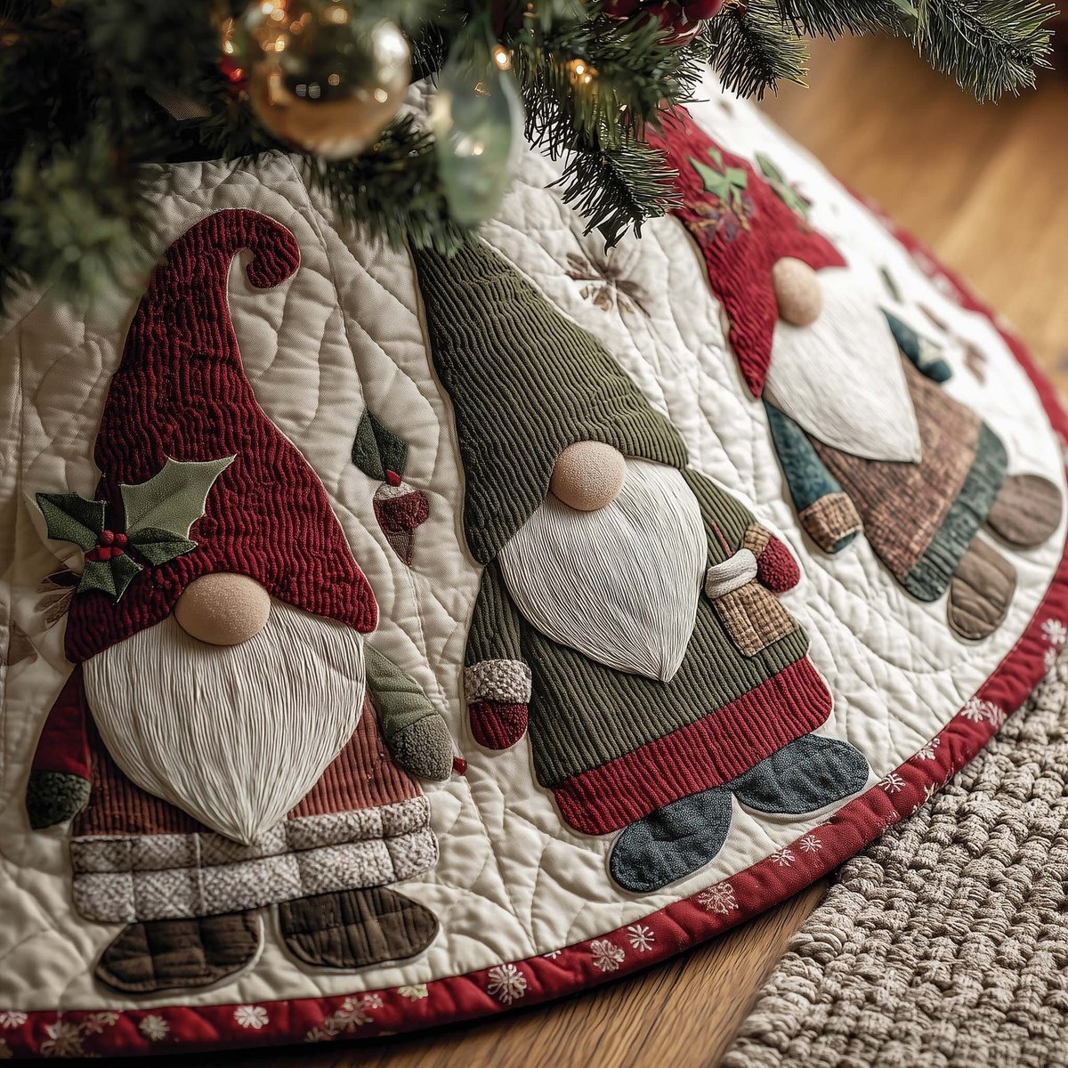 Gnomes on Cream with Red Trim Christmas Tree Skirt - Made to Order TREEK101